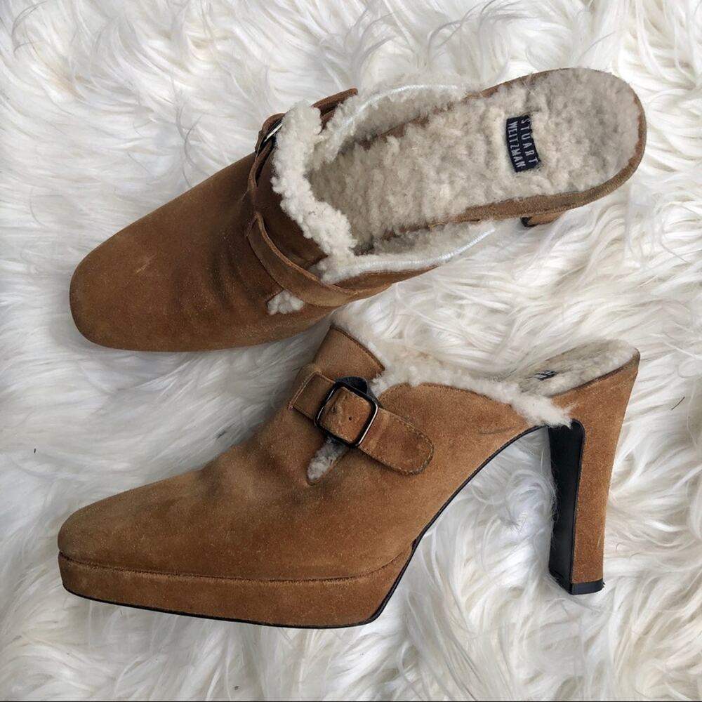 Stuart Weitzman Suede Buckle Fuzzy Platform Heel - image 1